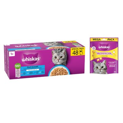 whiskas KNUSPERTASCHEN mit Huhn & Käse, <2 kcal, Ohne künstliche Aromastoffe, Angereichert mit Vitaminen und Mineralstoffen, MEGA PACK 180g, texte en allemand