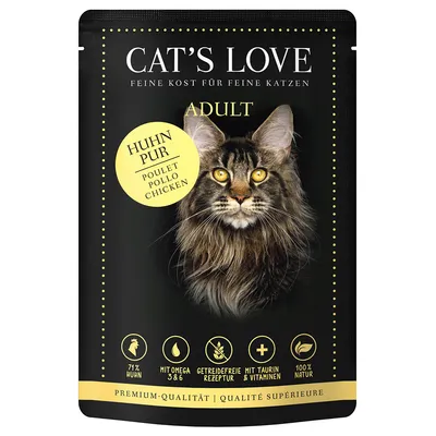 Cat's Love Adult Huhn Pur. Корм для кошек, 71% курица, с омега-3 и 6, без зерна, с таурином и витаминами, 100% натуральный, премиум-качество.