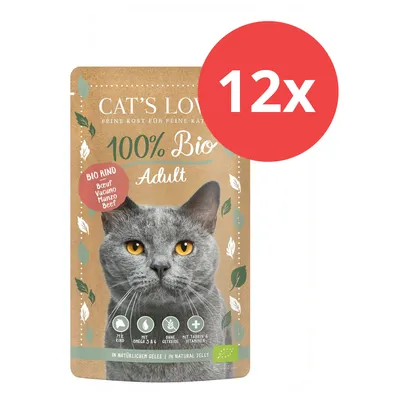 Cat's Love Adult Bio Rind, 100% Bio, ohne Getreide, mit Omega 3 & 6, Taurin und Vitaminen. Packung in natürlichem Gelee, 12x Portionen.