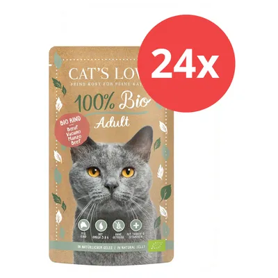 Cat's Love 100% Bio Adult, Bio Rind, 24x Packung, ohne Getreide, mit Omega 3 & 6, Taurin und Vitaminen, in natürlichem Gelee.