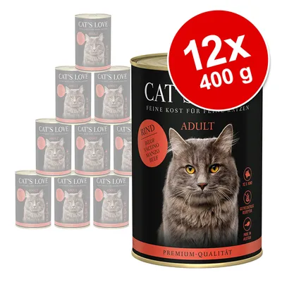Lot de 12 boîtes Cat's Love Adult bœuf, 400 g chacune. Texte visible : Rind, Beef, Premium-Qualität, Getreidefreie Rezeptur, Made in Austria. Photo d’un chat sur l’emballage. Lot de 12 boîtes Cat's Love Adult bœuf, 400 g chacune. Texte visible : Rind, Beef, Premium-Qualität, Getreidefreie Rezeptur, Made in Austria. Photo d’un chat sur l’emballage.