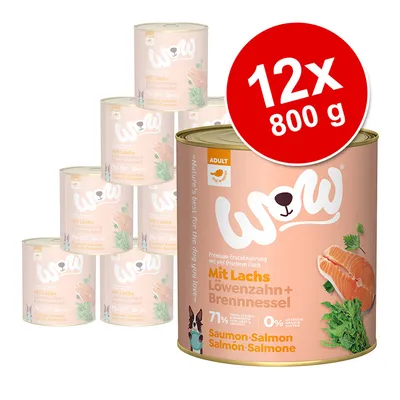 Lot de 12 boîtes WOW 800 g, Saumon, pissenlit et ortie, 71 % poisson, sans céréales ni gluten, pour chien adulte. Texte en allemand et français visible sur l’emballage. Lot de 12 boîtes WOW 800 g, Saumon, pissenlit et ortie, 71 % poisson, sans céréales ni gluten, pour chien adulte. Texte en allemand et français visible sur l’emballage.