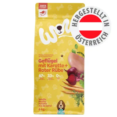 Geflügel mit Karotte + Roter Rübe, 67% tierisches Protein, 33% pflanzliches Protein, 0% Getreide, hergestellt in Österreich, 6 kg Beutel, Junior 2-12 Monate. Geflügel mit Karotte + Roter Rübe, 67% tierisches Protein, 33% pflanzliches Protein, 0% Getreide, hergestellt in Österreich, 6 kg Beutel, Junior 2-12 Monate.