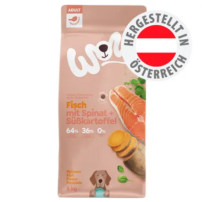 Fisch mit Spinat + Süßkartoffel, 64% Fisch, 36% Gemüse, 0% Getreide, Adult, hergestellt in Österreich, 6 kg Beutel, Abbildung von Lachs und Süßkartoffel. Fisch mit Spinat + Süßkartoffel, 64% Fisch, 36% Gemüse, 0% Getreide, Adult, hergestellt in Österreich, 6 kg Beutel, Abbildung von Lachs und Süßkartoffel.