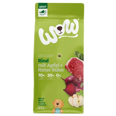 WOW premium dry food for dogs, beef with apple and beetroot. 70% animal ingredients, 30% plant ingredients, 0% grain. Made in Austria. Pack size: 6 kg.