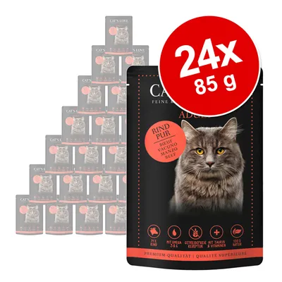 CAT'S LOVE Adult Rind Pur, 24×85 g. Na obalu obrázek kočky, text: 71 % Rind, mit Omega 3 & 6, getreidefreie Rezeptur, mit Taurin & Vitaminen, 100 % Natur. CAT'S LOVE Adult Rind Pur, 24×85 g. Na obalu obrázek kočky, text: 71 % Rind, mit Omega 3 & 6, getreidefreie Rezeptur, mit Taurin & Vitaminen, 100 % Natur.
