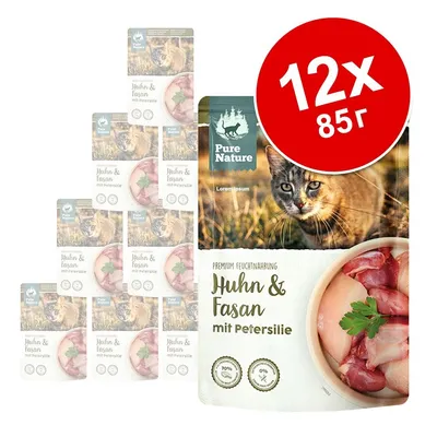 Pure Nature Huhn & Fasan mit Petersilie, 12 x 85 г паучове за котки. На опаковката има снимка на котка и месо с магданоз. Видими са надписи на немски език.