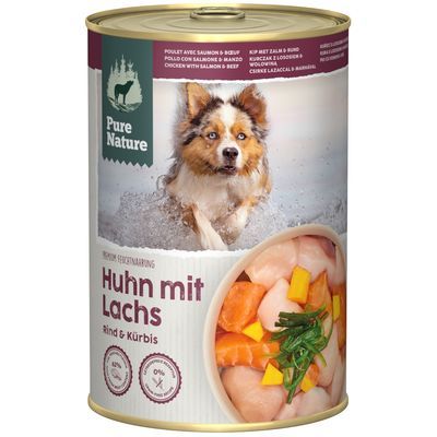 12 lattine da 400 g di Pure Nature Rind & Lamm mit Kartoffeln, immagine di cane e ciotola con carne e patate sull'etichetta.