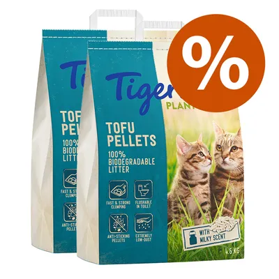 Tigerino Tofu Pellets, 100% biodegradowalne żwirki o mlecznym zapachu, szybkie tworzenie grudek, spłukiwane w toalecie, nieprzywierające, bardzo mało pyłu. Symbol oferty procent.