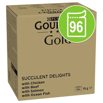Purina Gourmet Gold Succulent Delights, 96x85g, smaker: kyckling, nötkött, lax, havsfisk.