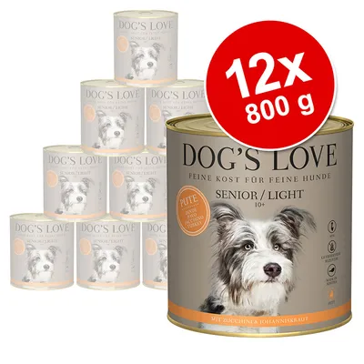 Dog's Love Senior/Light 10+ dåsefoder, kalkun, med zucchini & johanniskraut. Pakke med 12 x 800 g. Tekst: Feine Kost für feine Hunde. Billede af hund på dåserne. Dog's Love Senior/Light 10+ dåsefoder, kalkun, med zucchini & johanniskraut. Pakke med 12 x 800 g. Tekst: Feine Kost für feine Hunde. Billede af hund på dåserne.