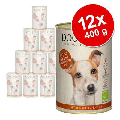 Lot de 12 boîtes DOG'S LOVE 400 g, 100 % bio, bœuf, riz, pomme et courgette. Texte visible : sans céréales, fabriqué en Autriche, label bio, 63 % bœuf.