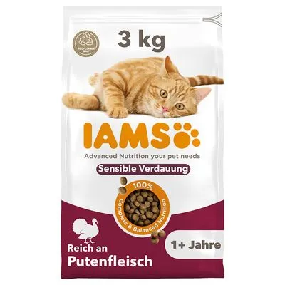 IAMS kattenvoer 3 kg, Sensible Verdauung, reich an Putenfleisch, 1+ Jahre, Advanced Nutrition your pet needs, 100% Complete & Balanced Nutrition. Tekst deels in het Duits.
