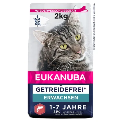 Eukanuba kattefoder, kornfri, til voksne 1-7 år, genlukkelig, 2 kg, 81% animalsk protein. Fremstillet i en kornforarbejdende fabrik.