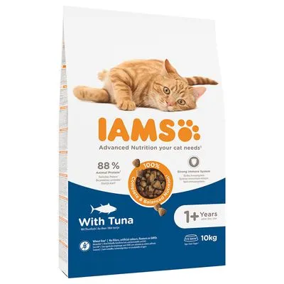 IAMS kattenvoer met tonijn, 88% dierlijk eiwit, geschikt voor katten vanaf 1 jaar, 10 kg zak. Tekst: 'Advanced Nutrition your cat needs', 'With Tuna', 'Complete & Balanced Nutrition'.