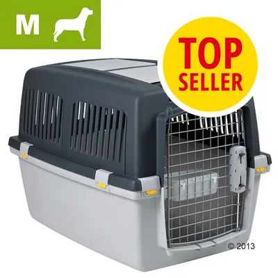 Transporter z szarą podstawą i ciemnoszarą górą, metalowe drzwiczki, oznaczenie rozmiaru M oraz żółty znak z napisem TOP SELLER. Transporter z szarą podstawą i ciemnoszarą górą, metalowe drzwiczki, oznaczenie rozmiaru M oraz żółty znak z napisem TOP SELLER.