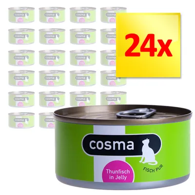 cosma Fisch Pur Thunfisch in Jelly, 24 Dosen abgebildet, grüne Verpackung mit weißem Katzenmotiv und pinkem Textfeld