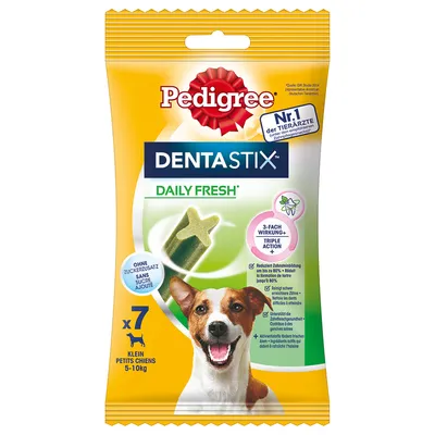 Pedigree Dentastix Daily Fresh pro malé psy 5–10 kg, bez přidaného cukru, 7 kusů. Snižuje tvorbu zubního kamene až o 80 %, trojitý účinek. Pedigree Dentastix Daily Fresh pro malé psy 5–10 kg, bez přidaného cukru, 7 kusů. Snižuje tvorbu zubního kamene až o 80 %, trojitý účinek.