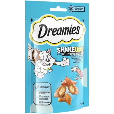 Dreamies Shakeups with Multivitamins, Seafood Celebration, less than 2 kcal per piece, three irresistible flavours, 55 g pouch.