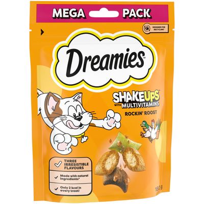 Three Dreamies snack packs: Mega Pack, 180g with cheese, 60g with chicken, 60g with salmon. Text: Explore all our irresistible treats.