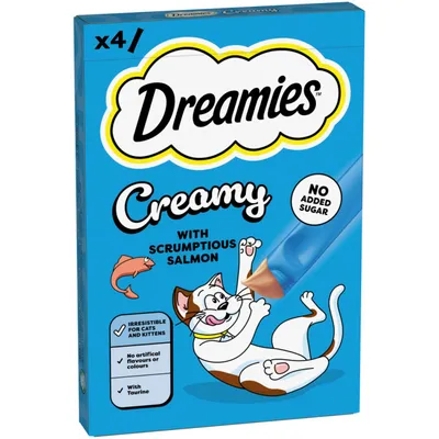 Dreamies Creamy with Salmon, x4, no added sugar, irresistible for cats and kittens, no artificial flavours or colourings, with taurine. Dreamies Creamy with Salmon, x4, no added sugar, irresistible for cats and kittens, no artificial flavours or colourings, with taurine.