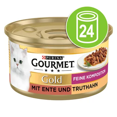 Purina Gourmet Gold Feine Komposition mit Ente und Truthahn, Dose mit Abbildung einer weissen Katze und Fleischstücken. Grünes Symbol zeigt 24 Dosen.
