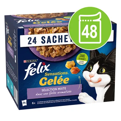 Purina Felix Sensations Gelee, 24 vrecúšok, miešaný výber v ochutenom želé. Bez farbív.
