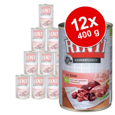 Set 12 conserve Rinti Kennerfleisch mit Rind, 400 g fiecare. Etichetă cu imagine carne și text vizibil: „NEU noch mehr natürliche Fleischstücke”.