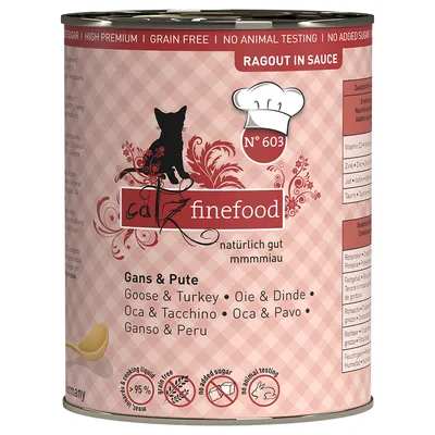Catz Finefood Nr. 603 ragù in salsa, oca e tacchino, senza cereali, senza test sugli animali, senza zuccheri aggiunti, 95% carne.