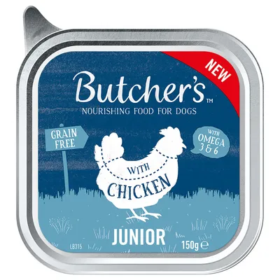 Butcher's Nourishing Food for Dogs, Grain Free, cu pui, Junior, cu Omega 3 & 6, 150g. Text vizibil: NEW.