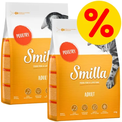 Kaksi Smilla Adult Poultry -kuivaruokapussia kissoille, 4 kg. Keltainen prosenttimerkki oikeassa yläkulmassa. Pakkauksessa tekstit: High acceptance, Contains taurine, Omega fatty acids, Yucca schidigera. Kaksi Smilla Adult Poultry -kuivaruokapussia kissoille, 4 kg. Keltainen prosenttimerkki oikeassa yläkulmassa. Pakkauksessa tekstit: High acceptance, Contains taurine, Omega fatty acids, Yucca schidigera.