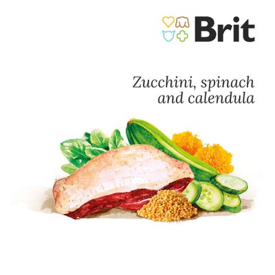 Brit Fresh Duck with Millet kutyatáp csomagolás, látható feliratok: Fresh Duck with Millet, Run & Work, superpremium formula for active dogs, friss kacsa, cukkini, spenót, körömvirág.