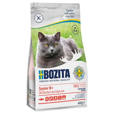 Bozita Senior 8+ Lachs, 400g. Getreidefreie Rezeptur mit 76% tierischem Protein. Made in Sweden. Für ältere Katzen geeignet. Verpackung zeigt graue Katze auf grünem Hintergrund. Bozita Senior 8+ Lachs, 400g. Getreidefreie Rezeptur mit 76% tierischem Protein. Made in Sweden. Für ältere Katzen geeignet. Verpackung zeigt graue Katze auf grünem Hintergrund.