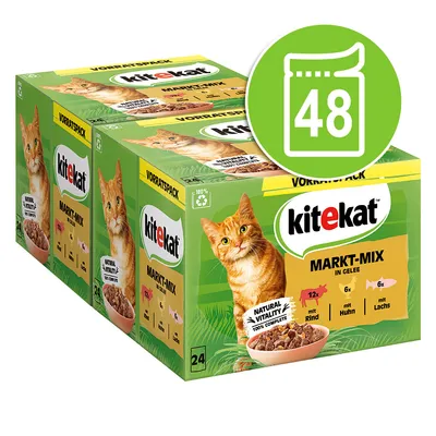 Kitekat Markt-Mix in Gelee, pakiranje od 48 vrećica. Prikaz mačke, okusa: 12x govedina, 6x piletina, 6x losos. Oznaka 'Natural Vitality 100% complete'.