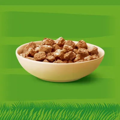 Kom met bruine stukjes vlees in saus tegen een groene achtergrond.