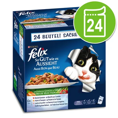 Embalagem de comida para gatos Purina Felix So Gut wie es aussieht, seleção em gelatina, 24 saquetas. Textos visíveis em alemão e francês. Imagem de prato com comida e gato preto e branco.