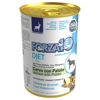 Forza10 Diet hipoalergena hrana za pse z jelenom in krompirjem, 400g konzerva. Sestavine: Alga Rossa, Maitake, Aloe, granatno jabolko, papaja, ginseng, ananas. Za prehranske intolerance.