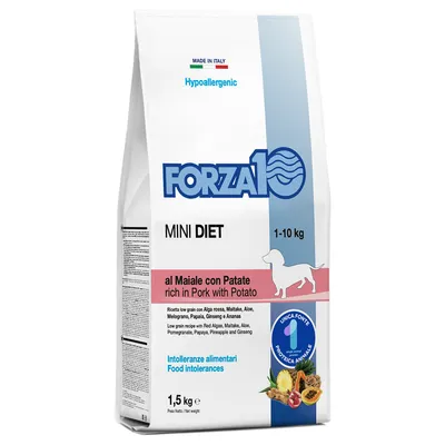 Forza10 Mini Diet al Maiale con Patate, 1–10 kg, hrană hipoalergenică pentru intoleranțe alimentare, 1,5 kg. Ingrediente vizibile: porc, cartof, aloe, rodie, papaya, ananas, ginseng. Forza10 Mini Diet al Maiale con Patate, 1–10 kg, hrană hipoalergenică pentru intoleranțe alimentare, 1,5 kg. Ingrediente vizibile: porc, cartof, aloe, rodie, papaya, ananas, ginseng.