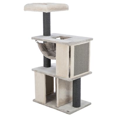 Rascador para gatos de varios niveles con postes forrados de cuerda, plataforma superior acolchada, hamaca colgante y zona de refugio. Estructura cubierta de tela suave.