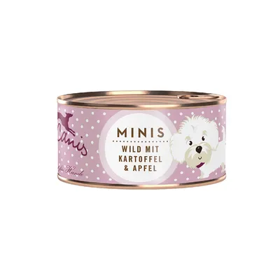 Canis Minis wet food for dogs, wild boar variety with potato and apple, purple packaging with dog graphic.