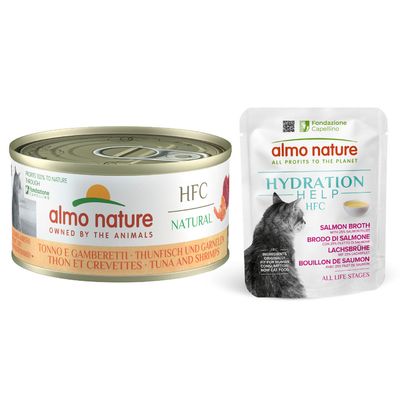 Boîte de 70 g Almo Nature HFC, thon de l’Atlantique, avec texte 'ALL PROFITS TO THE PLANET' et image d’un chat sur l’étiquette.