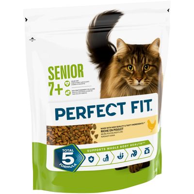 Perfect Fit senior 7+ kattenvoer voor gesteriliseerde katten, rijk aan kip. Systeemcardiaque fort, bon fonctionnement cellulaire, maintien de la mobilité. Total 5.