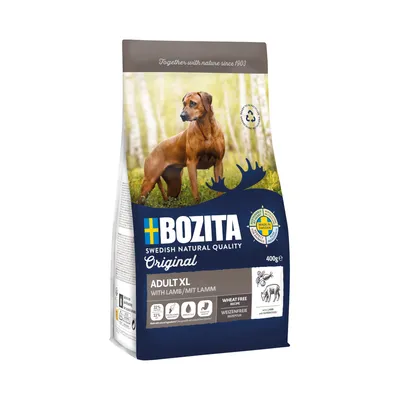 Bozita Adult XL med lamm, 400g. Vetefritt recept, 22% protein, 13% fett. Made in Sweden. Swedish Natural Quality. Passar stora hundar.