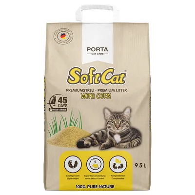 Soft Cat Premiumstreu mit Mais, 9,5L. Made in Germany. Eigenschaften: leichtgewichtig, super Geruchsbindung, kompostierbar. Hält bis zu 45 Tage. 100% Pure Nature.