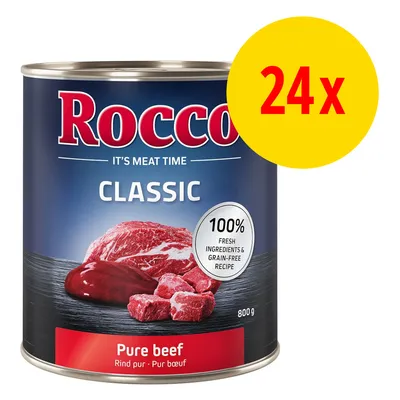 Rocco Classic Pure beef, 800 g. Testo visibile: 100% fresh ingredients & grain-free recipe. Confezione da 24x.