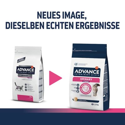 Advance Veterinary Diets Urinary Stress Katzenfutter, neues Verpackungsdesign mit denselben echten Ergebnissen. Packungsgrösse: 1,25 kg.