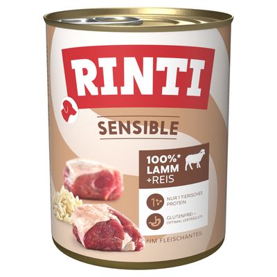 Rinti Sensible Nassfutter, 100% Lamm + Reis, nur 1 tierisches Protein, glutenfrei für optimale Verträglichkeit.
