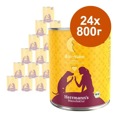 24 консерви по 800 г Herrmann's Manufaktur Bio-Huhn mit Reis. Видими надписи: Organic chicken with rice, Bio, силуети на куче и човек.