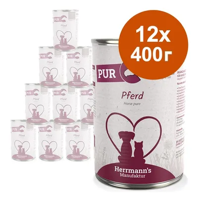 Herrmann's Manufaktur PUR Pferd консерва, комплект 12×400 г. Видими са кутии с етикет на немски и изображение на куче и котка в сърце.