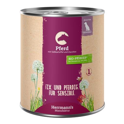 Herrmann's Manufaktur Pferd mit Süßkartoffel und Zucchini. Bio-Pionier bei Tiernahrung seit 2006. Fix und pferdig für sensible. Selection Sensible, 1 Komponente.